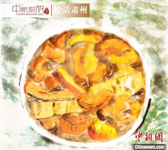 圖為酒泉美食“糊鍋”繪畫作品。 杜興彥 攝 圖為酒泉美食“糊鍋”繪畫作品。 杜興彥 攝